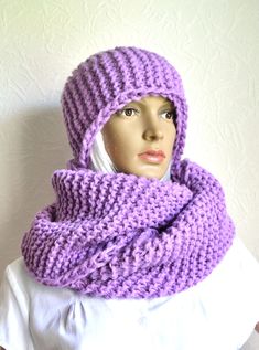 Purple, soft and thick women's snood scarf and hat set hand knitted with needles from alpaca wool yarns. Decorated with classic stripes. Comfortable to wear, easy to maintain and durable. This chunky scarf and hat set will warm you up in cold winter or autumn time. Accurately hand knitted from high quality alpaca wool yarns, so, these hat and snood are durable and easy to maintain. Also it's available hand knitted works according to your model and size. SIZING: universal, scarf length - 54''(138 Hand Knitted Acrylic Yarn Knitting Pattern, Hand Knitted Yarn Infinity Scarf For Winter, Hand Knitted Acrylic Yarn Infinity Scarf For Winter, Winter Knit Infinity Scarf, Hand Knitted Acrylic Infinity Scarf For Winter, Purple Adjustable Hand Knitted Hat, Winter Hand Knitted Acrylic Infinity Scarf, Purple Hand Knitted Adjustable Hat, Winter Purple Knitted Hat