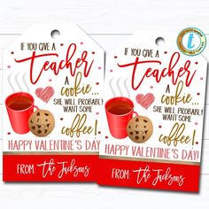 two christmas gift tags for teachers with coffee and cookies on the front, merry christmas from the