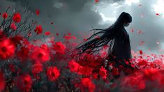 a woman with long black hair standing in a field of red flowers under a cloudy sky