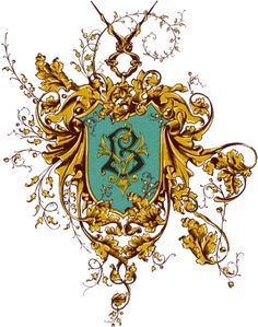 an ornate gold and blue emblem with the letter e on it