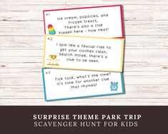 two printable coupons for the surprise theme park trip scavenger hunt for kids