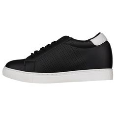 The CALTO H0831 combines athletic characteristic with a contemporary look to create this iconic style. Simple and fun athleisure sneaker to rock out with a pair of short or jean. The combination of micro-perforated accent and leatherette finished detail makes this impeccably crafted sneaker the crowd's favorite. Features: Style: Low top classic height increase sneakers. Simple and clean lace up. Width: Standard (D or Medium). Accommodates a regular width. Weight: 16 oz. *Based on 7.5 US. Actual Black Mid-top Slip-on Sneakers For Sports, Black Low-top Slip-on Sneakers With Perforations, Sporty Slip-on Sneakers With Perforations, Sporty Slip-on Sneakers For Streetwear With White Sole, Sporty Synthetic Slip-on Sneakers With Perforations, Low-top Platform Sneakers For Sports With Rubber Sole, Low-top Platform Sneakers With Rubber Sole For Sports, Low-top Rubber Sole Platform Sneakers For Sports, Low-top Platform Sneakers For Sports