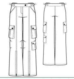 the front and back view of a women's pants with buttons on each side