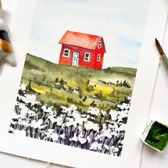 a watercolor painting of a red house on a hill