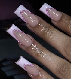 Pink French Tip Nails Acrylics With Gems, Medium Square Acrylic Nails Birthday, Pink Tips With Gems, Light Pink French Tip With Rhinestones, Clear Pink Acrylic Nails With Diamonds, Long Square Acrylic Nails Pink With Gems, Red Nails Glitter, French Acrylic Nails