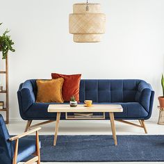 a living room with blue couches and various plants on the wall, including a coffee table