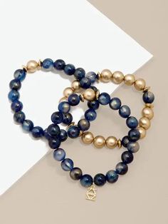 Zenzii Navy Iris Beaded Set Bracelet Iridescent Resin, Bead Stretch Bracelets, Set Bracelet, Bracelets Fashion, Lava Beads, Matte Metallic, Beaded Stretch Bracelet, Stretch Bracelet, Stretch Bracelets