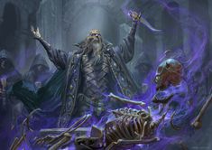 an image of a wizard with his arms in the air next to a dead skeleton