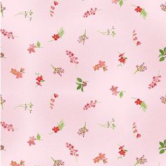 a pink background with small red flowers and green leaves on the bottom half of it