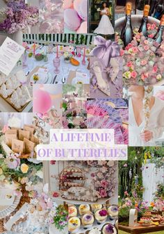 a collage of photos with flowers, cakes and other things in them that are pink