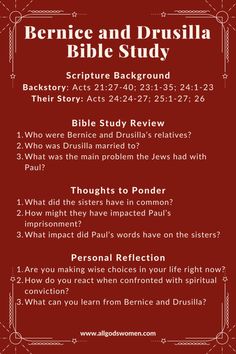 a red poster with the words, berce and drusilla bible study