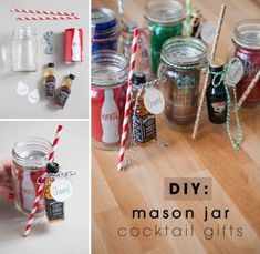 mason jar gifts are displayed on a table with paper straws and candy canes