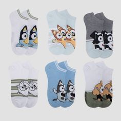 This 6-Pack of Bluey No-Show Socks brings cute flair to their footwear. Made from lightweight fabric with a hint of spandex, these no-show socks offer their feet all-day stretchy comfort. This pack includes six pairs, each featuring a different graphic of Bluey and her friends, making them a fun pairing with different shoes and a sure hit with your young Bluey fan. Casual Blue No-show Socks, White Sporty Socks For Playtime, Show White, No Show Socks, Fabric Names, Girl Top, 6 Pack, Spandex Fabric, Lightweight Fabric