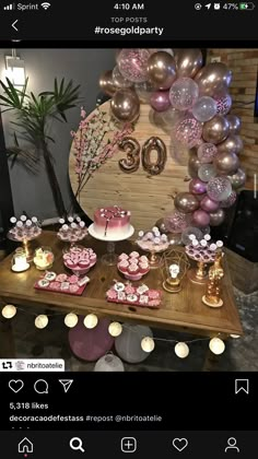 a table topped with lots of desserts and balloons