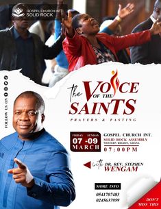 an advertisement for the voice of the saints, featuring pastors and worshipers in blue