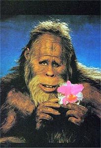 an old troll holding a pink flower in his hand and looking at the camera with surprise