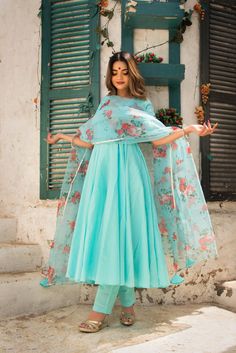 blue-berry-pure-cotton-anarkali-set-with-organza-dupatta-11403004BL, Women Indian Ethnic Clothing, Cotton Kurta Set Dupatta Light Blue Anarkali, Cotton Anarkali Suits, Blue Anarkali, Cotton Anarkali, Anarkali Dress Pattern, Party Wear Gown, Cotton Gowns, Blue Berry, Indian Dresses Traditional