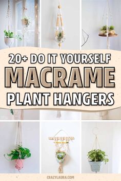 some hanging planters with plants in them and the words 20 do it yourself macrame plant hangers