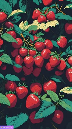 a painting of strawberries and leaves on a black background