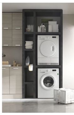 a washer and dryer in a room with cabinets