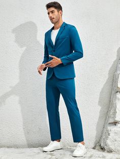 Teal Blue Outfit Men, Blue Monochromatic Outfit Men, Monochromatic Outfit Men, Blue Monochromatic Outfit, Blue Outfit Men, Indo Western Dress For Men, Teal Suit, Suits And Sneakers, Instagram Black Theme