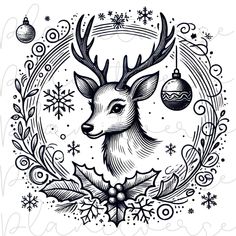 a black and white drawing of a deer surrounded by christmas decorations