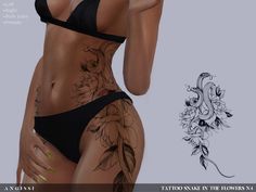 Sims 4 Tattoos Female, Sims 4 Tattoo Cc Women, Tattoo Snake, Waist Tattoos, Sims 4 Tattoos, Sims 4 Black Hair, Sims 4 Cc Kids Clothing