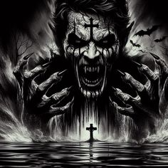 an evil clown with his hands on his face in front of a cross and water