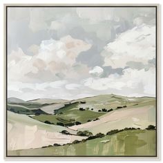 an abstract landscape with green hills and white clouds in the background, framed in wood frame