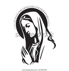 black and white image of the virgin mary with rays coming from her head, on a white background