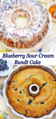 a blueberry sour cream bundt cake in a pan