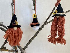 two gnomes are hanging on the branches of a tree