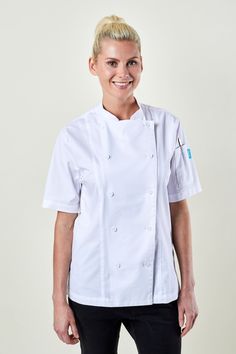 "Showcase your talent in the kitchen with a coat that has your back. The Avery Women's Chef Coat is among top chef gear for female chefs - and for good reason. Crafted with high-quality poly-cotton, that keeps you cool and princess lines, it creates a flattering, tailored fit for a mood-lifting effect. Meanwhile, short sleeves, side vents, and moisture-wicking underarm vents allow you to do your best work with complete range of motion and peace of mind. Available in black and white. The Avery Women's Chef Coat is part of BlueCut Essentials, an affordable collection of high-quality aprons and uniform staples designed to provide optimal utility and a sleek, classic style for confidence on and off duty. **Product Features** 76/21/3 Poly/Cotton/Spandex Fine Twill - 6 oz Moisture Wicking Undera Chef Shirt, Chef Jackets, Chef Shirts, Female Chef, Princess Line, Chef Coat, You Better Work, Top Chef, Do Your Best