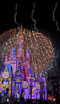 the castle is lit up at night with fireworks