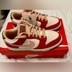 Nike Dunk Low "Bacon", In Sport Red And Straw-Sail, Women's Size 7.5. These Are Brand New In Box And Were Never Worn. Cute Nike Dunks For Women, Pink Custom Sneakers With Red Sole, Red Leather Skate Shoes With Gum Sole, Red Custom Sneakers With Gum Sole, Nike Cheetah Shoes, Red Sneakers Women, Red Dunks, Nike Dunks Outfit, Nike Cortez Women