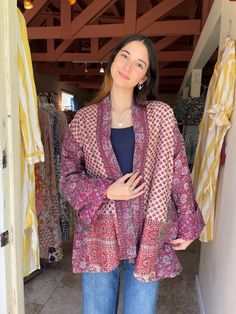 This is silk sari fabric made into kantha shawls and then the coat is made from the scarves. It is a Kimono style, exactly the same measurements as my plus size cotton kantha jackets.  This is one size and will fit anyone from a size 6 up to size 22(2x) Pockets on both sides. In the photos you can see the reverse side. Like having 2 jackets for the price of one.  33 inches long measuring back neck to hem. It measures 54 inches around the bust.  Truly a unique piece of art. I'm a size 8 and it lo Kantha Jacket, Sherman Oaks, Sari Fabric, Silk Sari, Kimono Style, Vintage Kantha, Kimono Jacket, Pop Up Shops, Kimono Fashion