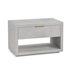 a grey nightstand with gold handles on the top and bottom shelf, against a white background