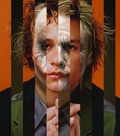 a man with his face painted as the joker behind bars in front of an orange background