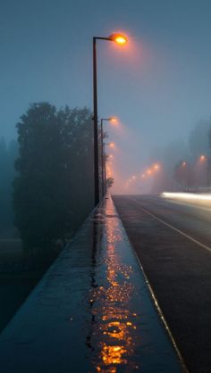 a street light sitting on the side of a road next to a foggy sky