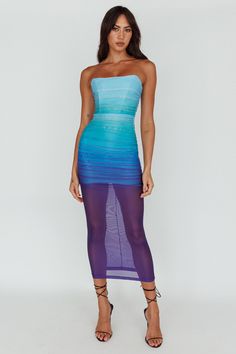 Shop the Logan Strapless Ruched Midi Dress Gradient Blue | Selfie Leslie Strapless Neckline, Metallic Heels, Ruched Midi Dress, Blue Gradient, Iron Material, Clothing Tags, Birthday Dresses, Girls Night Out, Girls Night