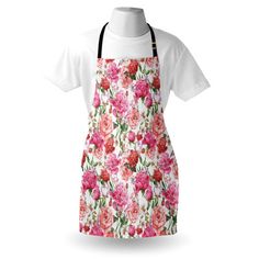 a women's apron with pink and red flowers on it