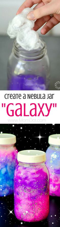 two jars filled with colorful liquid and the words, create a nebula jar galaxy