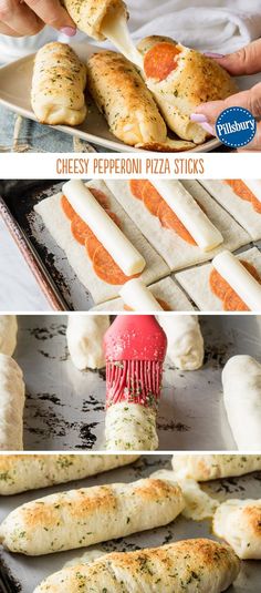 the process of making cheesy pepperoni pizza sticks is shown in three pictures