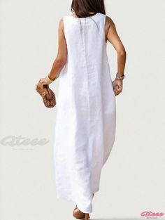 Qteee - Sleeveless Long White Cotton Linen Dress with Deep Neckline Casual Plain Maxi Dress For Beach, Casual Sleeveless Plain Maxi Dress, White Casual Sleeveless Dress For Daywear, Casual White Sleeveless Dress For Daywear, Chic Sleeveless Plain Maxi Dress, Casual Sleeveless Maxi Dress For Daywear, Spring Sleeveless Plain Maxi Dress, White Sleeveless Casual Dress, Casual White Sleeveless Dress