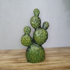 a green cactus plant sitting on top of a wooden table