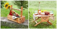 two pictures of a picnic table with wine bottles and glasses on it, one is made out of wood the other has sunflowers