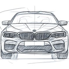 the front view of a bmw car drawn in pencil on white paper with black lines