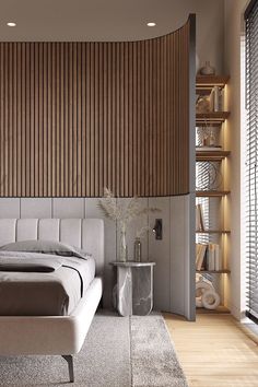 a bedroom with a large bed and wooden walls