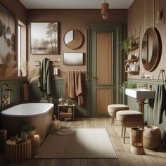 a bath room with a tub a sink and mirrors