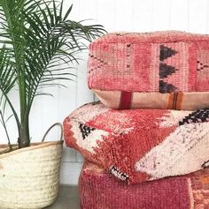 two pillows stacked on top of each other next to a potted plant